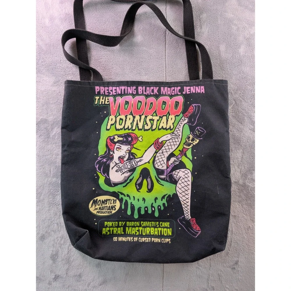Monsters and Martians Black Voodoo Pornstar Graphic Canvas Tote Bag